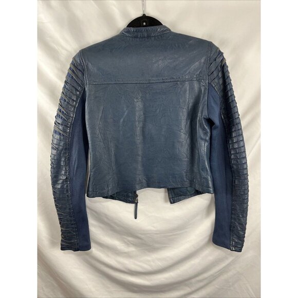 Bano eeMee Blue Leather Moto Jacket Womens Size XS/S - Picture 11 of 16